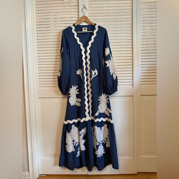 Farm Rio Embroidered Long Sleeve Linen Blue White Applique Maxi Dress - Picture 9 of 12